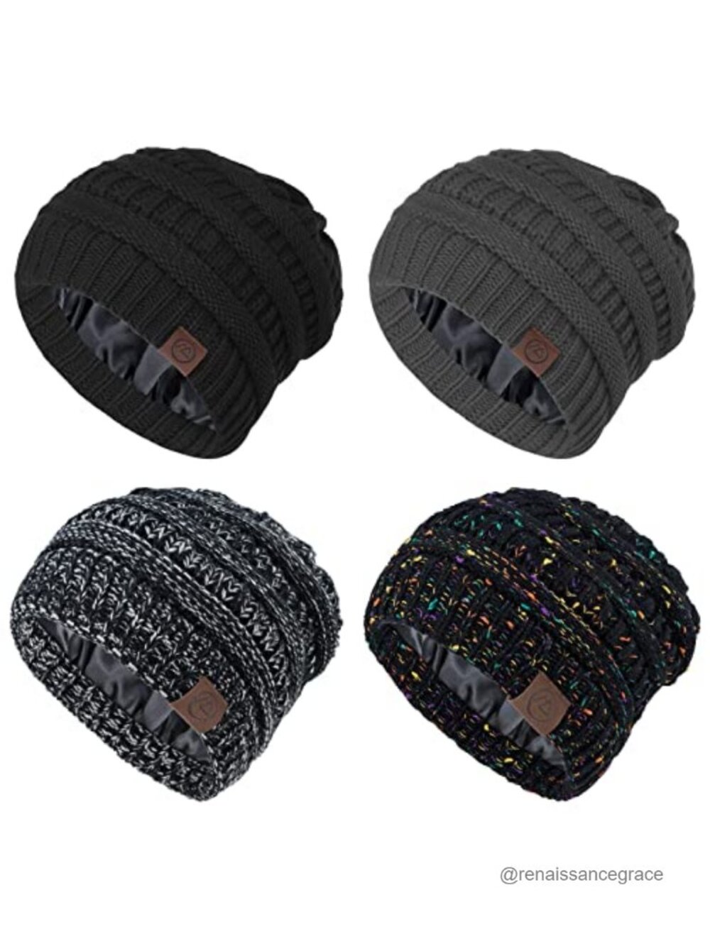 Satin Lined Beanie Winter Hat for Women Acrylic Knit Cuffed Slouchy Warm